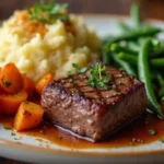 Venison cube steak recipes served with creamy mashed potatoes, roasted root vegetables, southern-style green beans, and mac and cheese – ideal comfort food pairings for a satisfying meal.