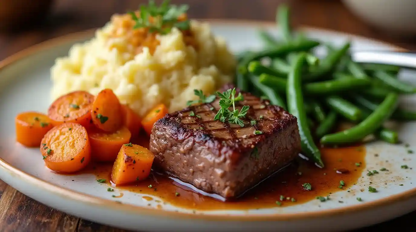 Venison cube steak recipes served with creamy mashed potatoes, roasted root vegetables, southern-style green beans, and mac and cheese – ideal comfort food pairings for a satisfying meal.