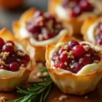 cranberry recipes for thanksgiving cups phyllo dough goat cheese​, Close-up of several crispy phyllo cups filled with creamy goat cheese and cranberry sauce. Some cups are topped with pecans and breadcrumbs. Garnished with rosemary sprigs, the cups sit on a wooden board with cranberries and orange zest in the background. This image showcases a festive Thanksgiving appetizer.