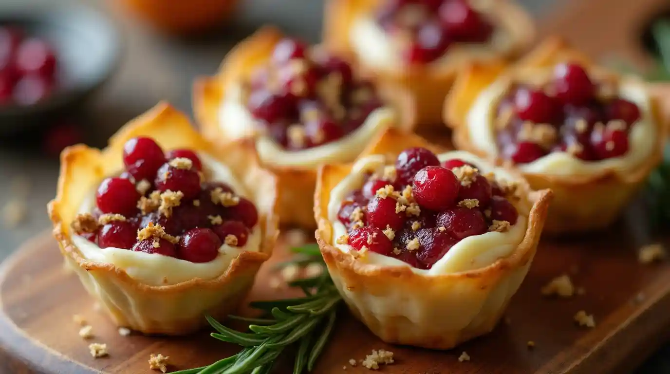 cranberry recipes for thanksgiving cups phyllo dough goat cheese​, Close-up of several crispy phyllo cups filled with creamy goat cheese and cranberry sauce. Some cups are topped with pecans and breadcrumbs. Garnished with rosemary sprigs, the cups sit on a wooden board with cranberries and orange zest in the background. This image showcases a festive Thanksgiving appetizer.