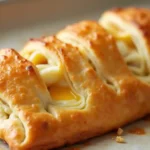 A golden brown chicken and cheese jalousie, sliced to reveal a savory filling of shredded chicken, melted cheese, and vegetables, rests on a wooden cutting board. Steam rises from the warm filling, garnished with fresh cilantro.