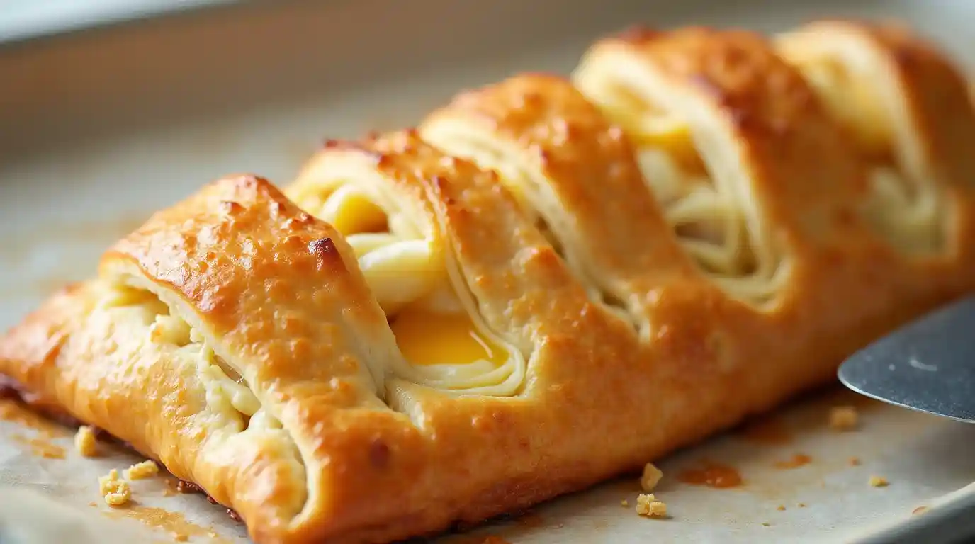 A golden brown chicken and cheese jalousie, sliced to reveal a savory filling of shredded chicken, melted cheese, and vegetables, rests on a wooden cutting board. Steam rises from the warm filling, garnished with fresh cilantro.