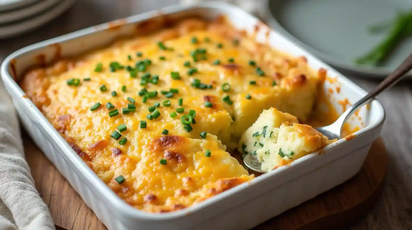 starbucks potato chive bake recipe, A square white baking dish filled with a golden-brown potato chive bake, garnished with fresh chives. A slice has been cut out, revealing the creamy, cheesy interior with potatoes and chives. Steam rises from the freshly cut slice.
